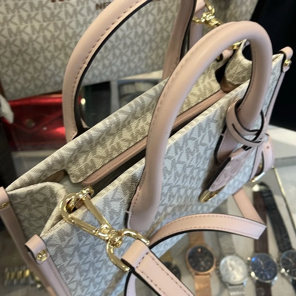 Michael Kors Mirella Small Shopper Top Zip Crossbody Bag Powder Blush Multi Logo